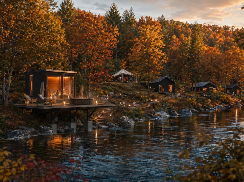 Fall at NARROWS. Black cabins and the lit sauna deck under peak Catskills foliage above the river.