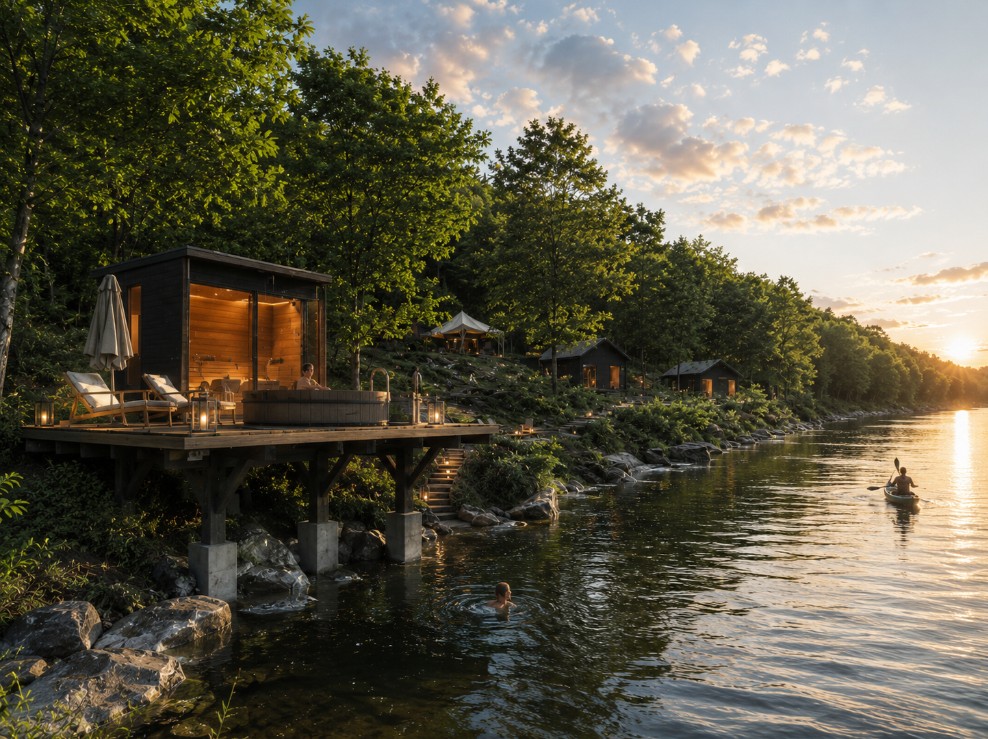 Summer at NARROWS. Cabins and the sauna deck above the river at golden hour, a kayaker and swimmer on the water.