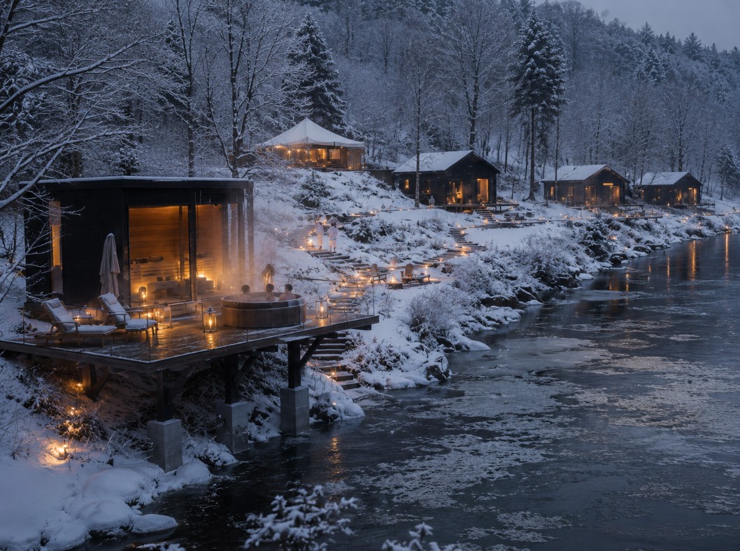 Winter at NARROWS. Lantern-lit cabins and the steaming sauna deck in deep snow beside the river at dusk.